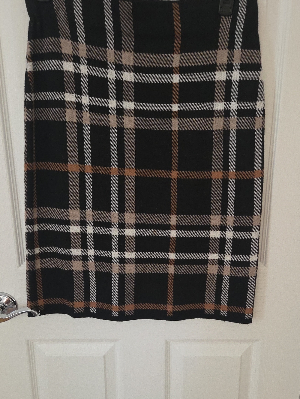 Plaid Pencil Skirt in Black, White & Brown